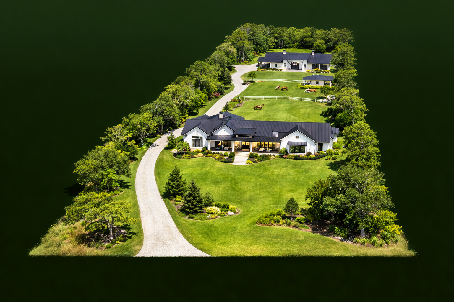Artist rendering of a custom estate with main house, guest cottage, and winding driveway on the Rouse Road property
